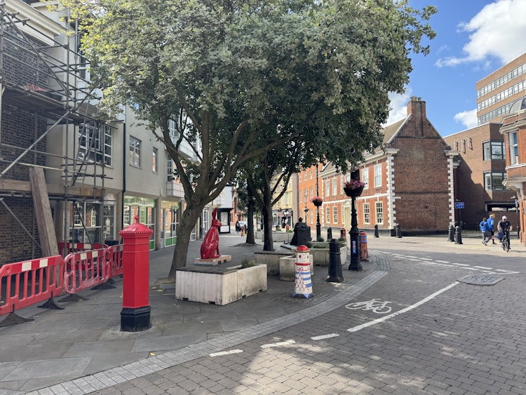 Temporary planters and seating on Wolsey Square